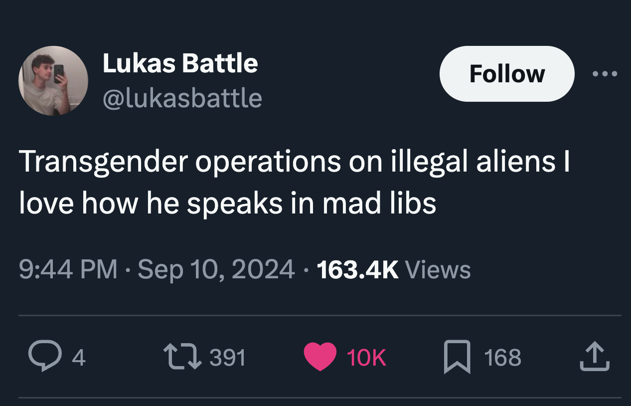 screenshot - Lukas Battle Transgender operations on illegal aliens I love how he speaks in mad libs Views 4 168 I